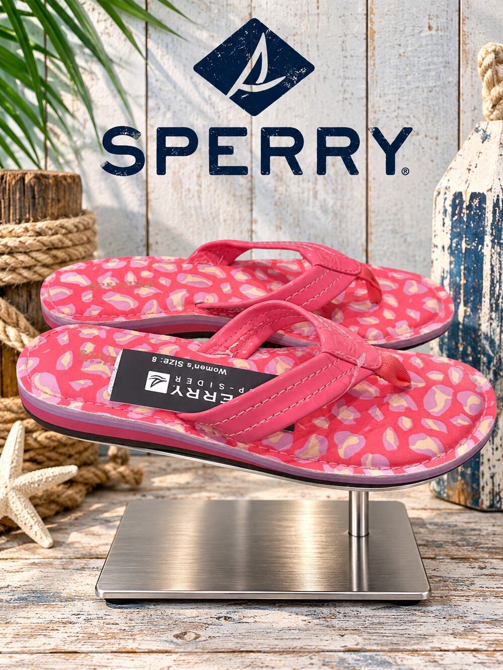 NIB Sperry Monterey Thong Rose Leopard Flip Flops Women’s 8 EU 39